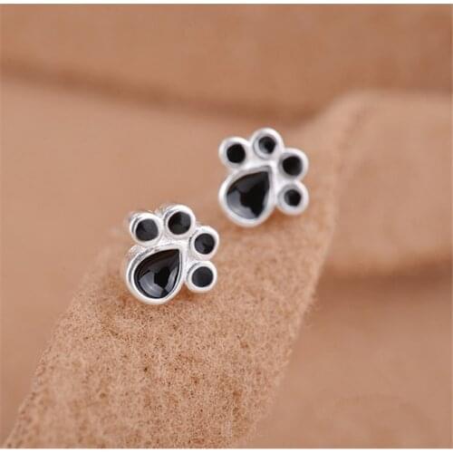 925 Sterling Silver Black Cat Paw Stud Earrings For Women Hypoallergenic Jewelry Pendientes eh193