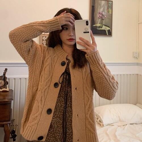 Autumn and Winter Womens Sweater 2020 New Loose Korean Style Single-breasted Knitted Cardigan Lazy Twist Jacket Tops