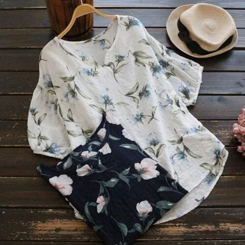1 Pc Summer Womens Shirt V Neck Fashion Half Sleeve Vintage Boho Floral Print Loose Casual Female Tops New 2020 Hot Sale