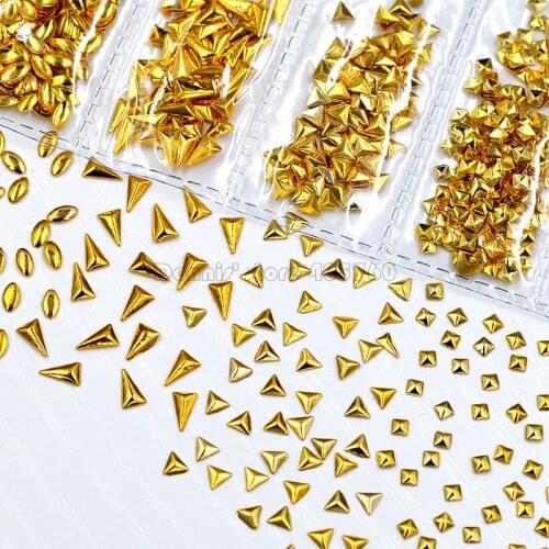 1 Pack Mix Shape Gold 3D Rectangle Triangle Square Drop Oval Metal Stud Nail Art Rhinestones Gems Decorations DIY Salon Tip 11