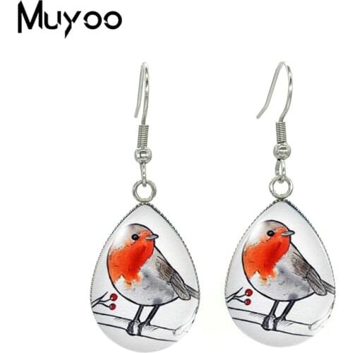 2020 New Little Robin Earring Tear drop Earring Art Bird Painting Hook Earrings Glass Cabochon Photo Jewelry Earrings