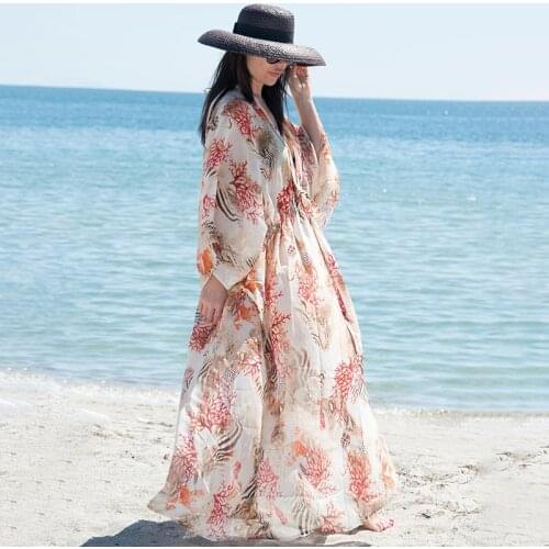 2021 Femme Chiffon Beach Cover Ups Floral Printing Cardigans Loose Plus Size Bathing Suit Vestidos Bikini Swimwears Mujer Robes