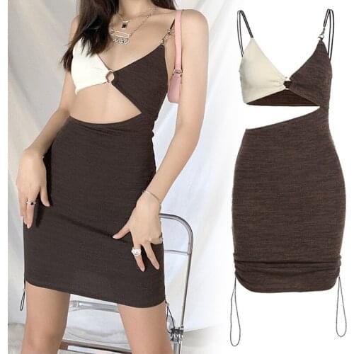 2021 Платье Womens V-neck Spaghetti Strap Backless Sleeveless Dress Color Contrast Sling Dresses For Summer Bodycon Dress Robe