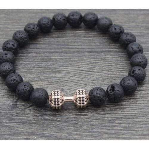 8mm gy53 Dumbbell gold cz zircon cubic zirconia elastic adjusted black volcanic lava Bracelet bead essential oils diffuser