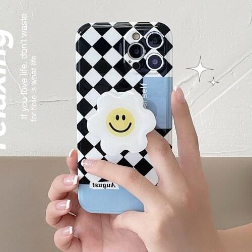Korean INS Black Whtie Lattice SunFlower Bracket Soft IMD Phone Case For IPhone 11 12 Pro Max 7 8 Plus XR X XS Max Bumper Cover