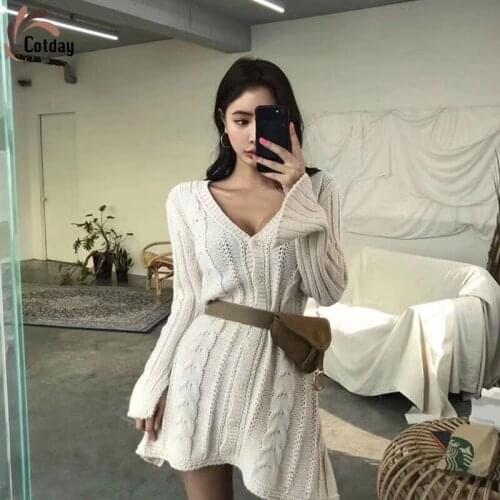 Cotday French Autumn Winter Women Sexy Lazy Loose V-neck Twist Vintage Slim Empire Waist Temperament Knitted Sweater Dress