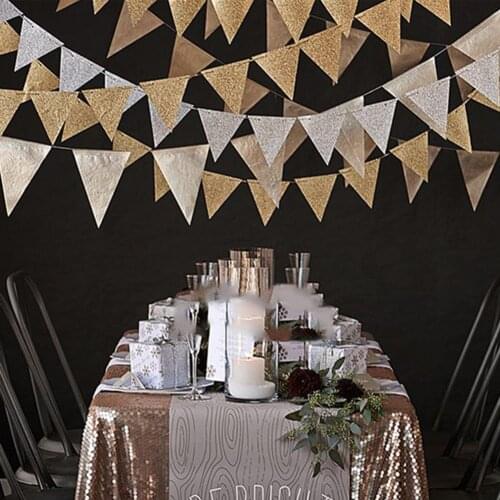 Party Flag Decor Pink White Gold Flag banner Glitter Paper Pennant Bunting Garland for Festival Celebration Wedding Birtyday #BW