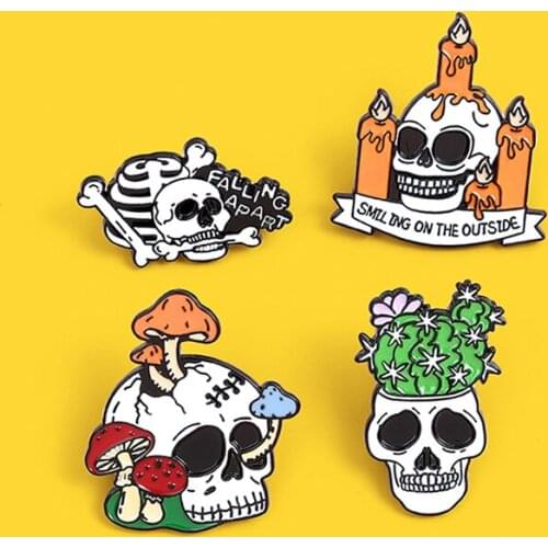 Skull Skeleton Enamel Lapel Pins falling apart Dead mushroom candle cactus Brooches Badges Gifts for Friend Jewelry Wholesale