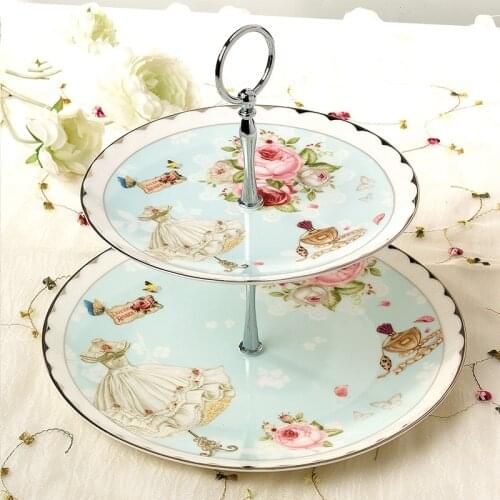 Ceramic Double Layer Fruit Dessert Plates Cake Snack Tray Holder Display Rack European Flower Style Living Room Home Decor Plate