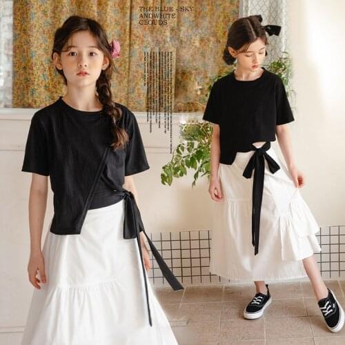 Kids Skirt Set for Girls Clothes 2021 Summer Short Black T Shirt White Skirt Two-piece Teen Outfits Children Clothing 10 12 Y