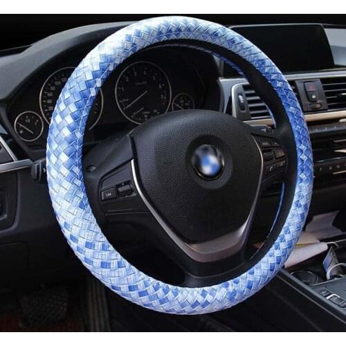 Leather Steering Wheel Cover Anti-slip Braiding Cover Styling M Size fits 38cm/15" Diameter Black Blue White Lychee Pattern