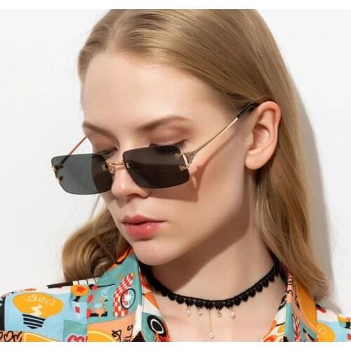 Fashion 2021 Modern Rectangle Rimless Style Tint Ocean Lens Sunglasses ins Women Vintage Design Sun Glasses 8095