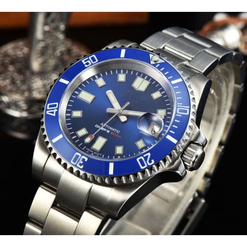 BLIGER Diver Dress Automatic Men Watch NH35A Green Luminous Dial Oyster Bracelet Sunburst Blue Dial Spaphire Crystal