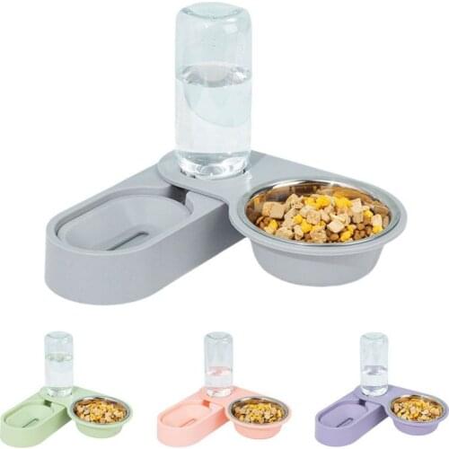 Pet Water and Food Bowl Set Double Dog Cat Bowls With Detachable Stainless Steel Bowl Automatic Water Dispenser Bottle Feeder