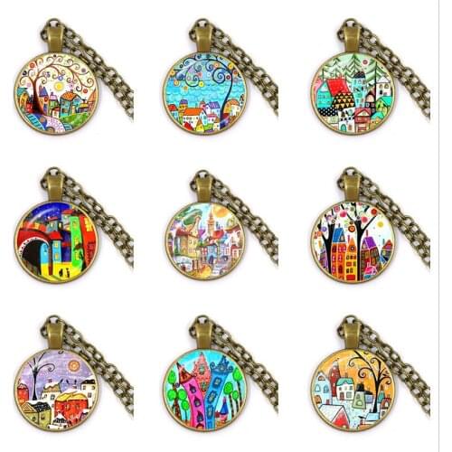 New Arrival Abstract Oil Painting House and Tree Women Chain Necklace Starry Night Glass Cabochon Pendant Necklace for Women