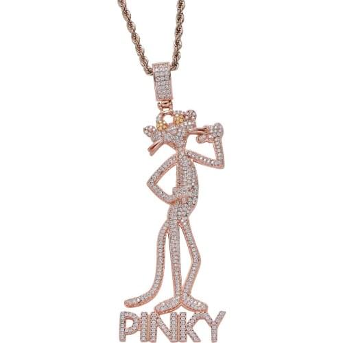 Cartoon Pink Panther Pinky Gilded Iced Out Cubic Zircon Pendant Necklace 24'' Chain Charms Bling Hip Hop Jewelry