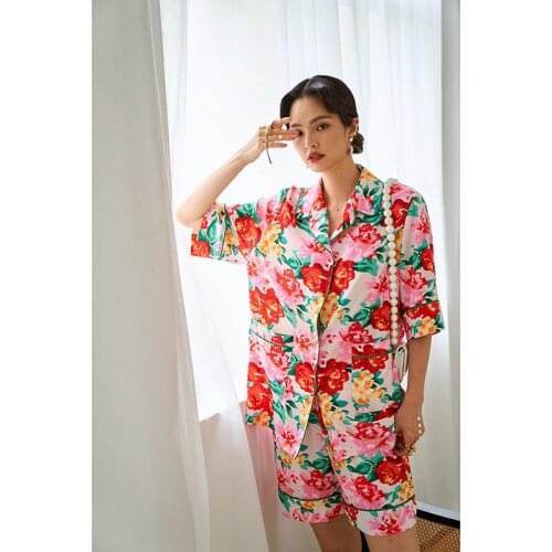Print Fruits 2PCS Pajamas Sets Women Sexy Turn-Down Collar Pyjamas Shorts Sleep Suit Sleepwear Nightwear Lounge Home Clothes