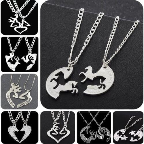 2PCs Animal Puzzle Horse Deer Heart Charm Pendant Necklace Best Friends Friendship Gifts BFF Chain Necklaces Women Men