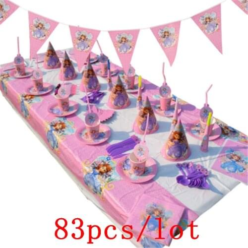 Disney Princess Sofia Design Pink Disposable Tableware Sets Girls Birthday Party Decoration For Family Party Supply 83Pcs/Lot