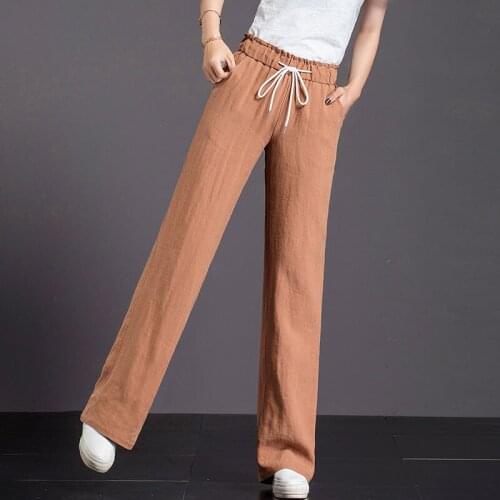 High Waist Cotton Linen Loose Long Pants Spring New Fashion Women Wide Leg Pants Plus Size Casual Trousers Drawstring