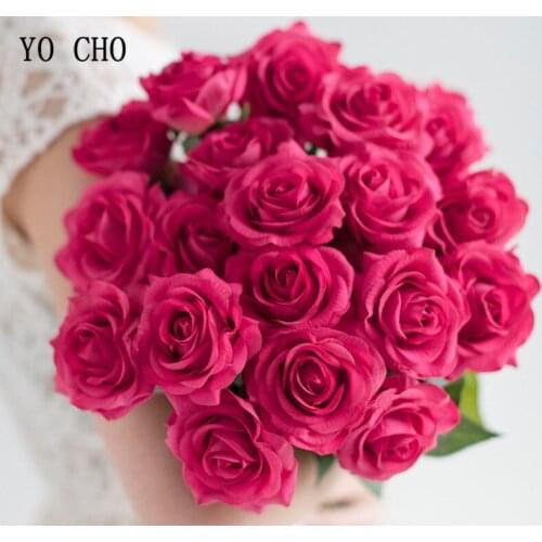 YO CHO 1 Head Pink Rose Artificial Flowers Silk Artificial Roses Real Touch Wedding Home Garden Decoration Fake Flower Bouquet