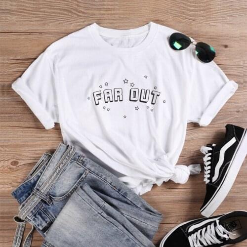 ONSEME Female Aesthetic T Shirt Far Out Letter Print T Shirts Shining Stars Graphic Tees Women Casual Cotton Tshirt Tops