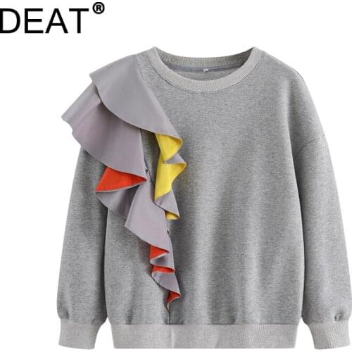 [DEAT] 2021 Autumn New Fashion Tide Round Neck Long Sleeve Splicing Ruffles Temperament Loose Sweatshirt Women 13Z1649