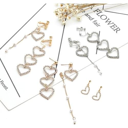 JIOFREE New Korean Charm Pearl Tassel Crystal Love Heart Clip on Earrings for Women Fashion Asymmetric Earring Luxury Jewelry