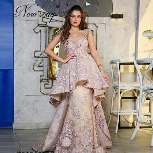 2020 New Arrival Pink Appliques Evening Women Dresses Middle East Dubai Party Gowns Pink Saudi Arabia Tiered Prom Dress Vestidos