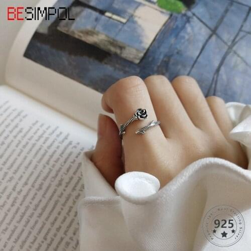 Besimpol Real s925 Sterling Silver Prickly Rose Ring Elegant Vintage Adjustable Open Rings For Women Fashion Fine Jewelry Gifts
