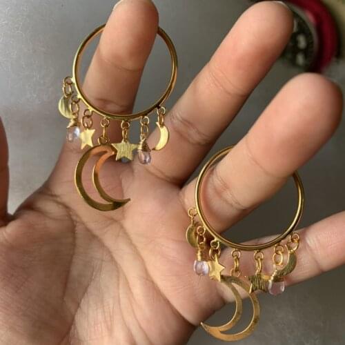 Star and Moon Earrings, gold plated Hoops, celestial Earrings, Charm Hoop Earrings, Boho Hoops