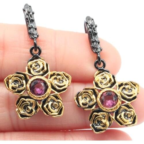 37x20mm Unique Jewelry Set Gothic Flowers Created 7.7g Pink Tourmaline For Women Black Gold Silver Pendant Earrings Hiphop