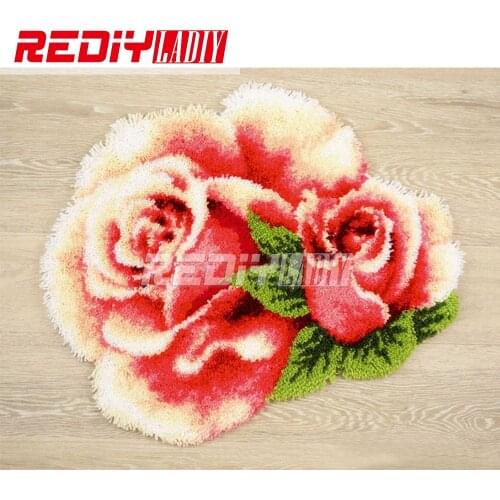 3D Latch Hook Rug Kits Flowers Rose DIY Needlework Unfinished Crocheting Rug Yarn Cushion Mat Home Decor Embroidery Carpet Rug