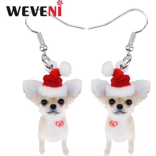 WEVENI Acrylic Christmas Hat Chihuahua Dog Earrings Drop Dangle Sweet Animal Jewelry For Women Girls Teen Party Decoration Gift