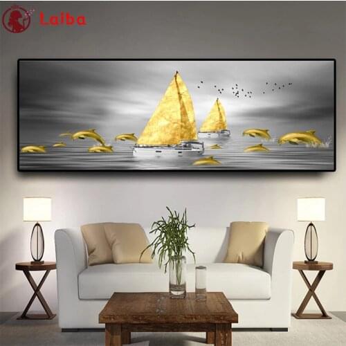 Diamond Painting Modern art, golden sailboat on sea, dolphins Full Drill DIY Diamond Embroidery Cross Stitch Mosaic Home Decor