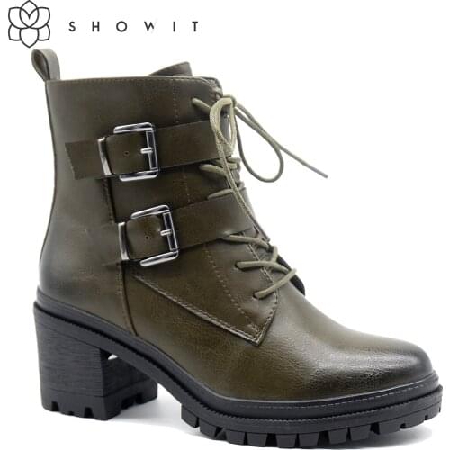 SHOWIT Winter Martin Boots Women Thick High Horseshoe Heel Zipper Buckle Strap Lace Up PU Lining Waterproof