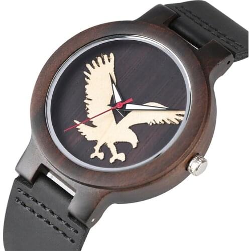 Wooden 3D Flying Eagle Genuine Leather Watches for Male 4 Colors Wood Mens Watch Quartz Creative Design New Arrival 2019 reloj