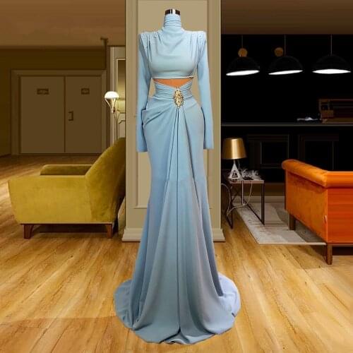 Dubai Beaded Long Evening Dresses Long Sleeves Middle East High Neck Arabic Prom Dress Robe de soiree Formal Party Gowns
