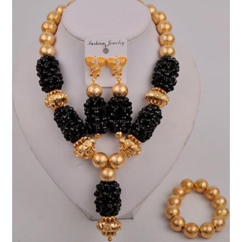 Dubai Gold Beaded Accessory Women Jewelry Set Black Crystal Beads African Jewelry Fashion Necklace Set Brides Gift