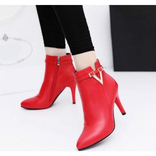 Dwayne Spring Autumn Stiletto Thin High Heels Pointed Toe Faux Leather Zipper Style Sexy Ankle Womens Boots Botas de mujer erf5