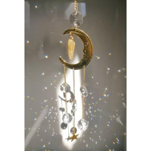Aesthetic Celestial Moon Sun Catcher for Wall Window Aura Crystal Light Catcher Hanging Prism Boho Witchy Room Decor Accessories