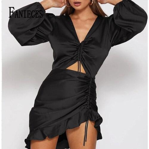 FANIECES Autumn Lantren Long Sleeve Mini Dresses Women Sexy Hollow Out Drawstring Ruffles Irregular Dress Party Satin Vestidos