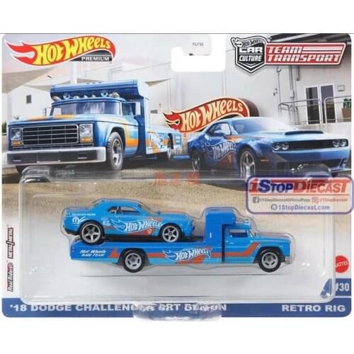 Hot Wheels Cars 18 DODGE CHALLENGER SRT & RETRO RIG Car Culture Team Transport Collection Metal Diecast Model Vehicles FLF56