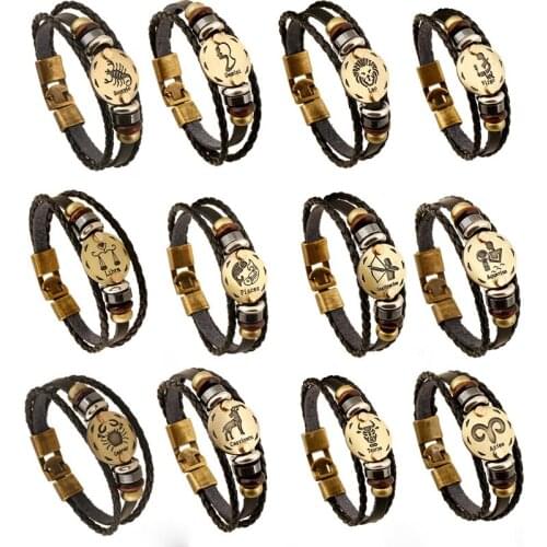 Multilayer Constellation Bracelet Men Casual Fashion Braided Leather Bracelets For Women Wood Bead Bracelet Punk Rock Jewelry