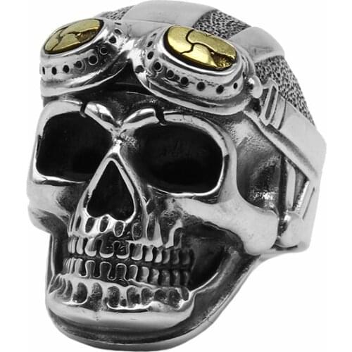 Solid 925 Silver Skull Ring Real Sterling Silver II-War-Pilot Skull Ring PUNK Jewelry Man Ring Resizable
