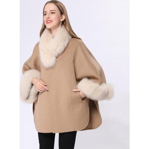 Autumn Winter Cashmere Cloak Jackets Fox Collar Casual Bat Sleeve Janefur Fashion Women Capes Solid Ponchos Outerwear OverSize