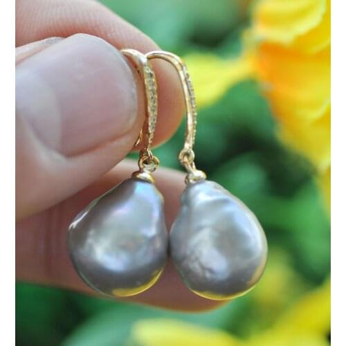 P7338 16mm Gray Drop Baroque Keshi Pearl Dangle Earring CZ