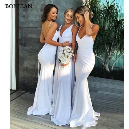 White Mermaid Maxi Style Bridesmaid Dresses Spaghetti V Neck Sexy Backless Country Style Maid Of Honor Wedding Guest Gown