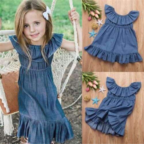 Girls Casual Denim Dresses Kids Princess Ruffles Off Shoulder Dress Beach Holiday Children Summer Outfits Clothes