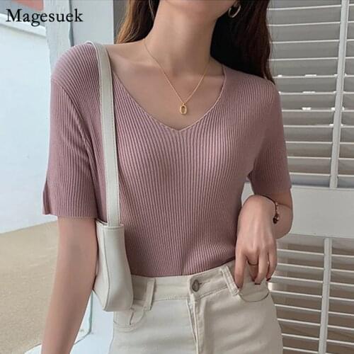 Short Sleeve Knitted Summer T-shirt Women V-Neck Silm Solid White Tshirt Women 2021 Plus Size Casual Woman T Shirt Tops 13436